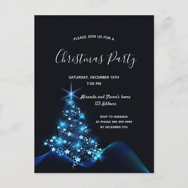 Christmas party black blue modern tree invitation postcard | Zazzle