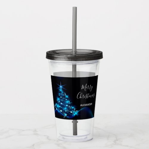 Christmas party black blue shining tree name acrylic tumbler