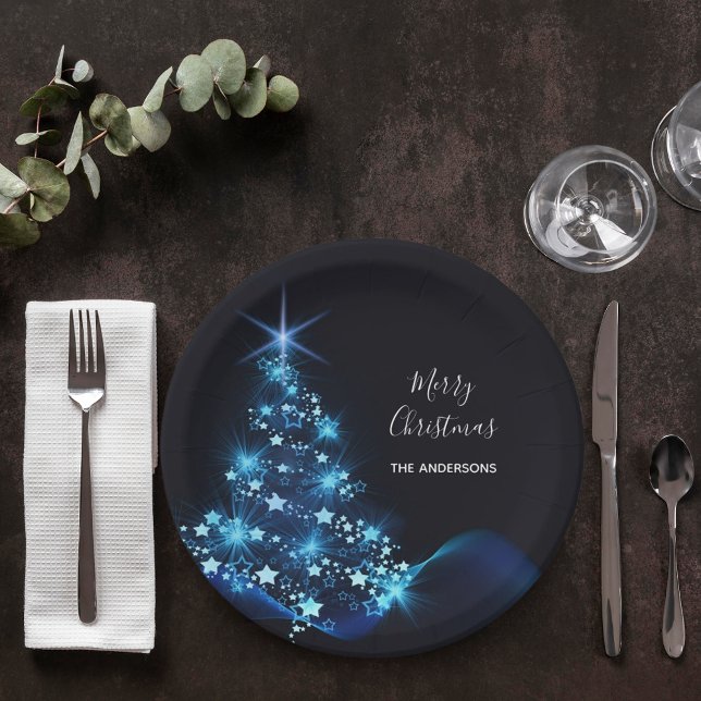 Christmas party black blue tree modern paper plates (Creator Uploaded)