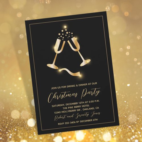Christmas Party Black Gold Champagne Invitation