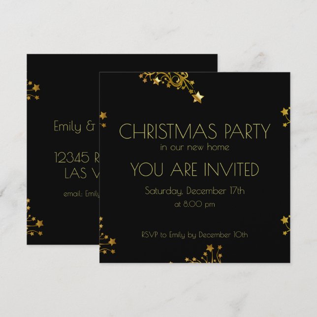 Christmas Party Black Gold Decorative Chic Stars Invitation (Front/Back)