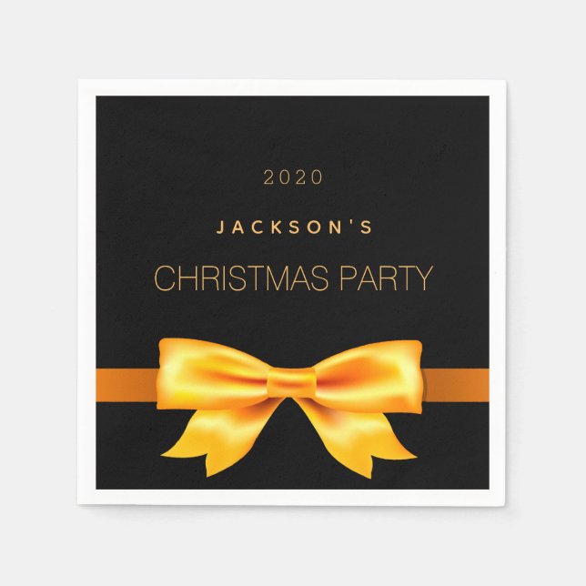 Christmas party black gold elegant bow family name napkins (Front)