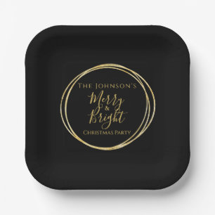 Christmas Party Black Gold Family Name Paper Plates