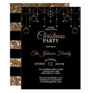 CHRISTMAS PARTY Black Gold Glitter Stars Invitation