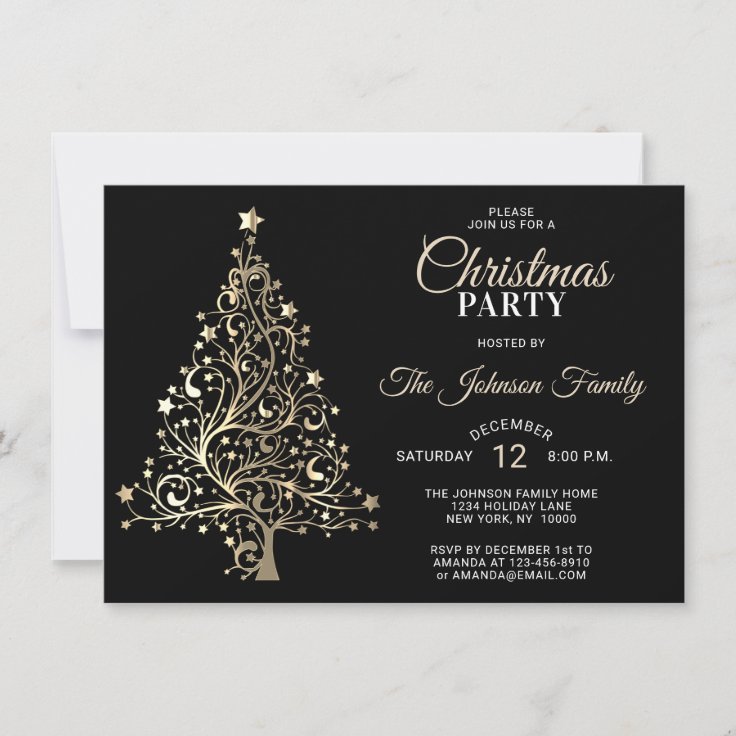 CHRISTMAS PARTY Black Gold Glitter Tree Invitation | Zazzle