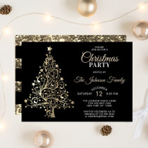 CHRISTMAS PARTY Black Gold Glitter Tree Invitation