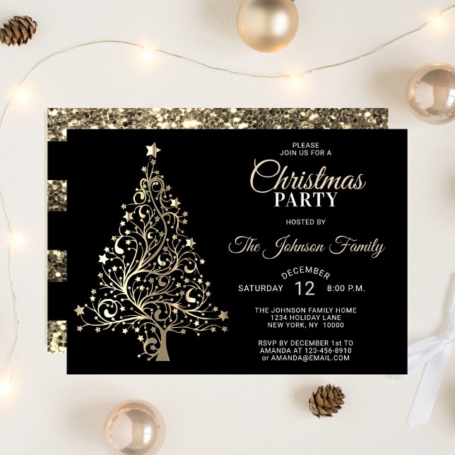 CHRISTMAS PARTY Black Gold Glitter Tree Invitation (CHRISTMAS PARTY Black Gold Glitter Tree Invitation)