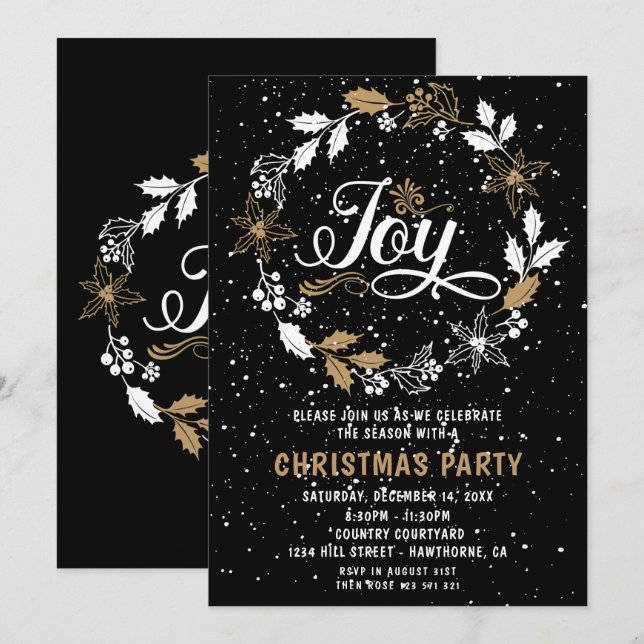Christmas Party black & gold Joy Invitation (Front/Back)