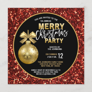 Christmas PARTY Black Gold Red Glitter Bauble Invitation