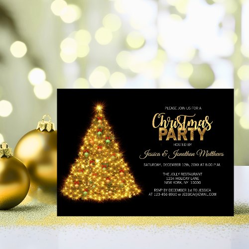 CHRISTMAS PARTY Black Gold Twinkle Lights Tree Invitation