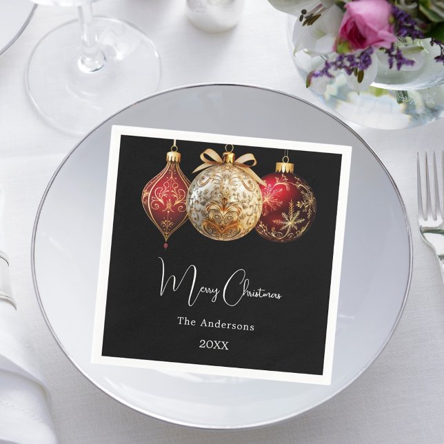 Christmas party black red gold baubles napkins (Creator Uploaded)