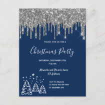 Christmas party blue glitter silver invitation postcard