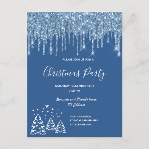 Christmas party blue glitter sparkle invitation postcard