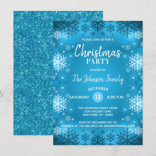 CHRISTMAS PARTY Blue Glitter White Snowflakes Snow Invitation (Front/Back)