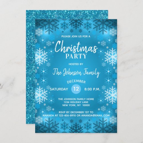 CHRISTMAS PARTY Blue Glitter White Snowflakes Snow Invitation