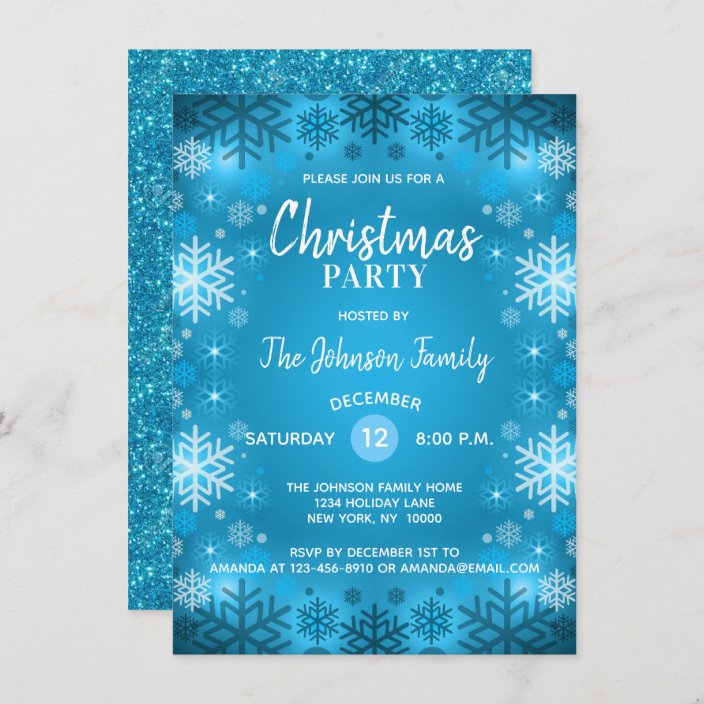 CHRISTMAS PARTY Blue Glitter White Snowflakes Snow Invitation | Zazzle.com