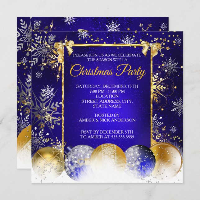 Christmas Party Blue Gold Bauble Snowflake Invitation (Front/Back)