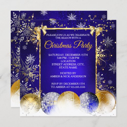 Christmas Party Blue Gold Bauble Snowflake Invitation