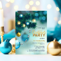 CHRISTMAS PARTY Blue Gold Tree Baubles Glitter Invitation