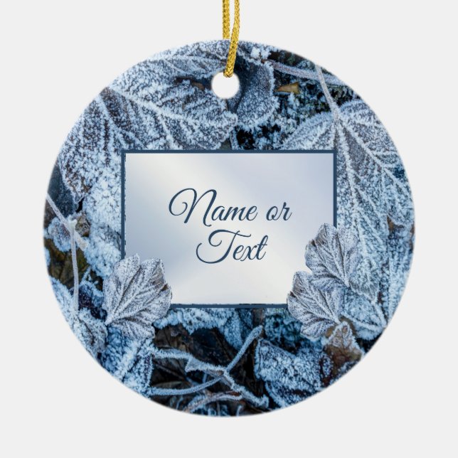 Christmas Party Blue Leaves Snow Holidays Winter Ceramic Ornament (Front)