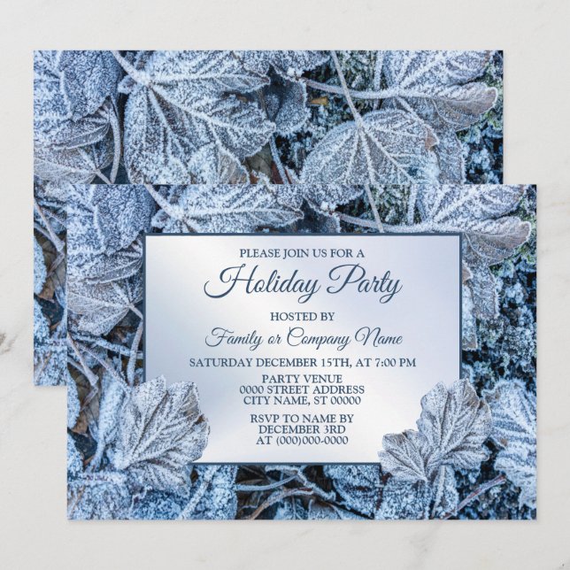 Christmas Party Blue Leaves Snow Holidays Winter Invitation (Front/Back)