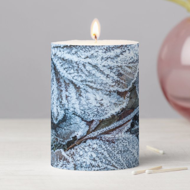 Christmas Party Blue Leaves Snow Holidays Winter Pillar Candle (In Situ)