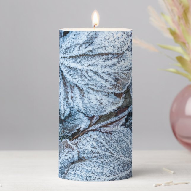 Christmas Party Blue Leaves Snow Holidays Winter Pillar Candle (In Situ)