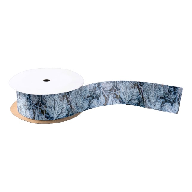 Christmas Party Blue Leaves Snow Winter Holidays Satin Ribbon (Spool)