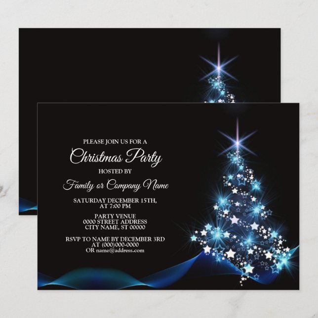 Christmas Party Blue Shiny Tree Black Elegant Invitation (Front/Back)