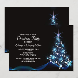 Christmas Party Blue Shiny Tree Black Elegant Invitation