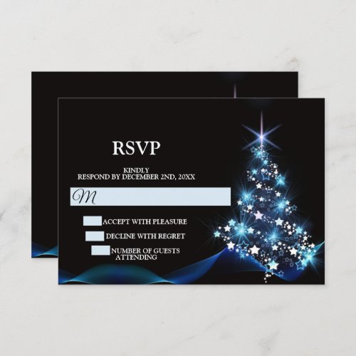 Christmas Party Blue Shiny Tree Black Elegant RSVP Card