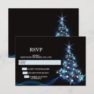 Christmas Party Blue Shiny Tree Black Elegant RSVP Card