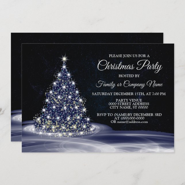 Christmas Party Blue Shiny Tree Winter Navy Invitation (Front/Back)