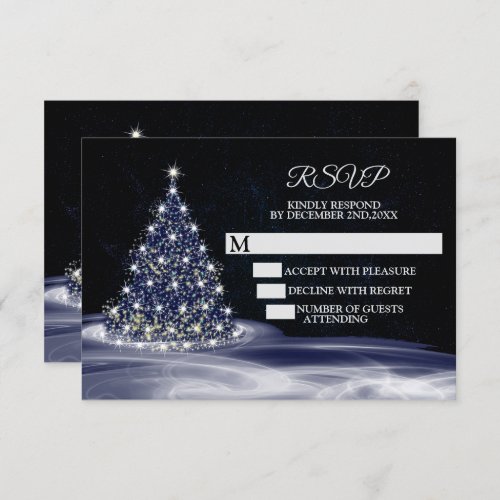 Christmas Party Blue Shiny Tree Winter Navy RSVP Card