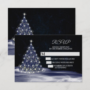 Christmas Party Blue Shiny Tree Winter Navy RSVP Card