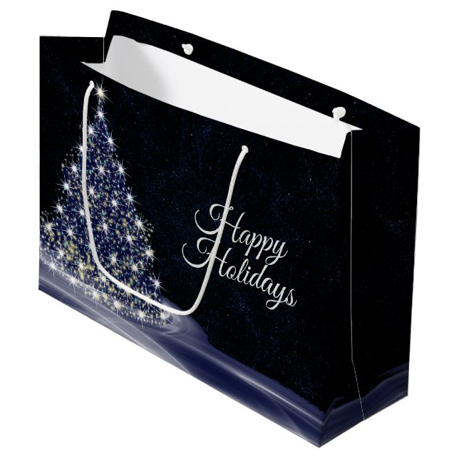 Christmas party Blue Shiny Tree Winter Navy Rustic Large Gift Bag (Front Angled)