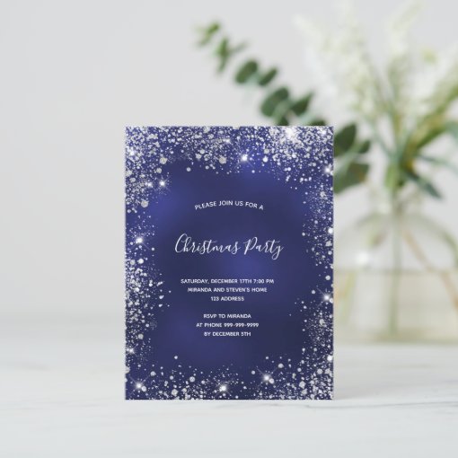 Christmas Party blue silver glitter sparkle Invitation Postcard | Zazzle