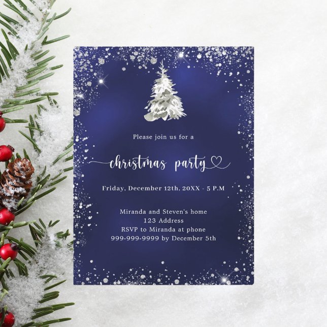 Christmas Party blue silver glitter sparkle Invitation Postcard (Creator Uploaded)