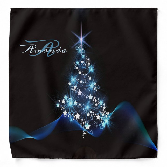 Christmas Party Blue Tree Shiny Black Elegant Bandana (Front)