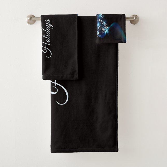 Christmas Party Blue Tree Shiny Black Elegant Bath Towel Set (Insitu)