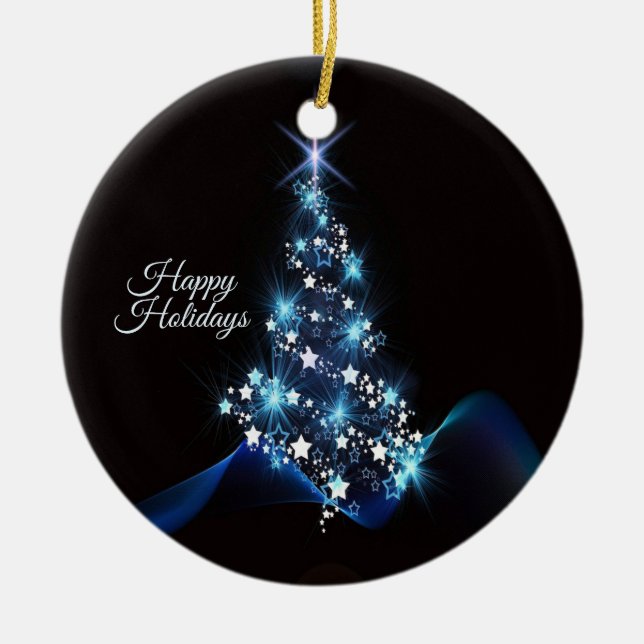 Christmas Party Blue Tree Shiny Black Elegant Ceramic Ornament (Front)