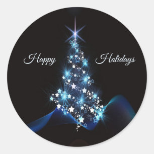 Christmas Party Blue Tree Shiny Black Elegant Classic Round Sticker