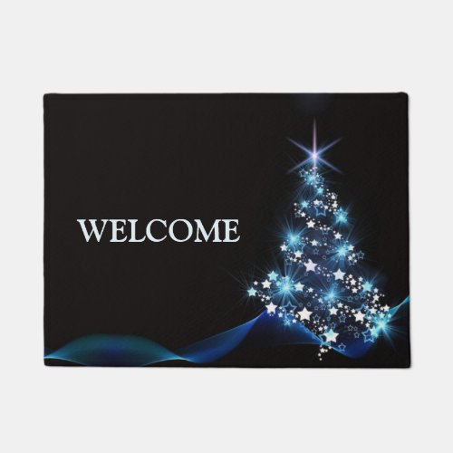 Christmas Party Blue Tree Shiny Black Elegant Doormat