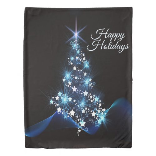 Christmas Party Blue Tree Shiny Black Elegant Duvet Cover