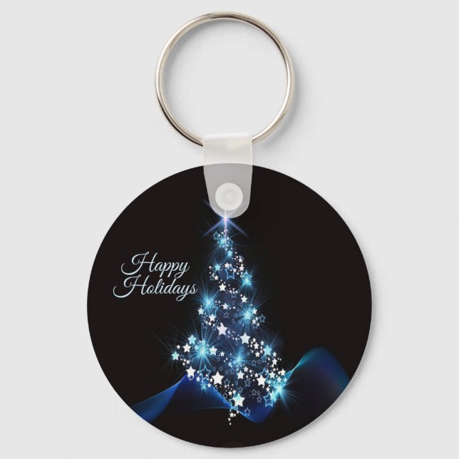 Christmas Party Blue Tree Shiny Black Elegant Keychain (Front)