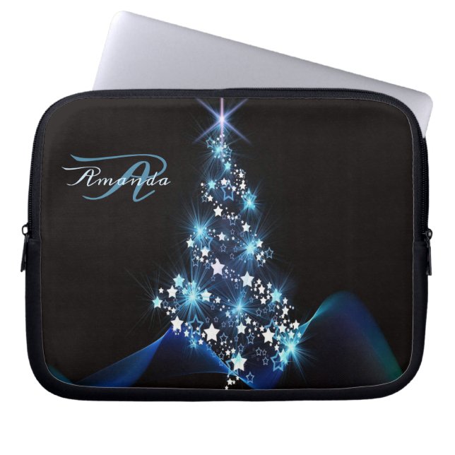 Christmas Party Blue Tree Shiny Black Elegant Laptop Sleeve (Front)