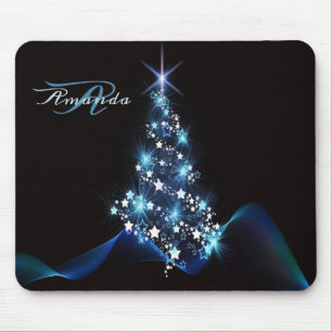 Christmas Party Blue Tree Shiny Black Elegant Mouse Pad