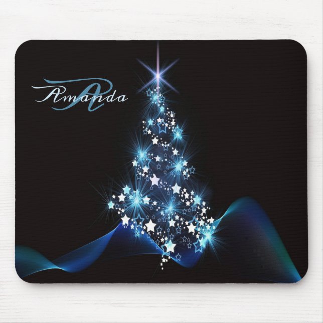 Christmas Party Blue Tree Shiny Black Elegant Mouse Pad (Front)