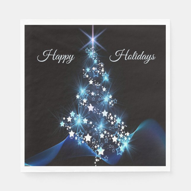 Christmas Party Blue Tree Shiny Black Elegant Napkins (Front)