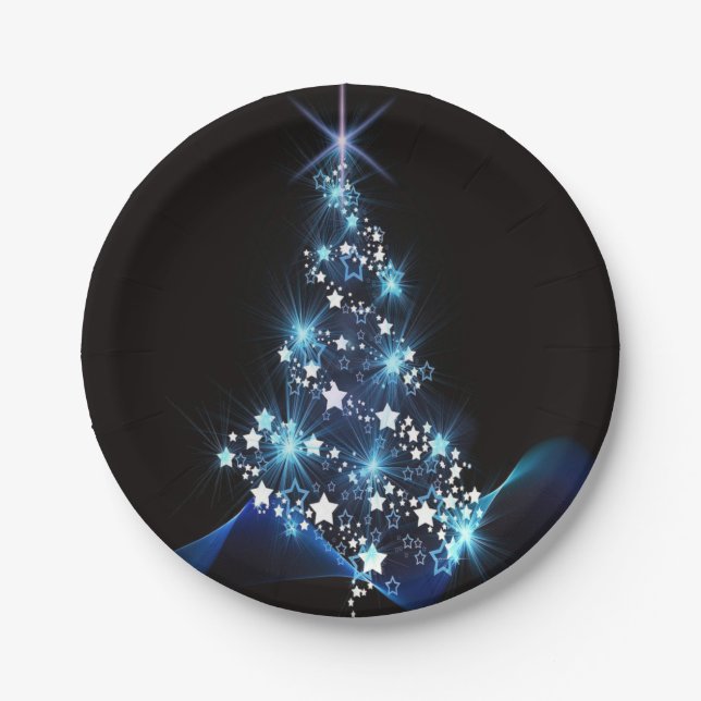 Christmas Party Blue Tree Shiny Black Elegant Paper Plates (Front)